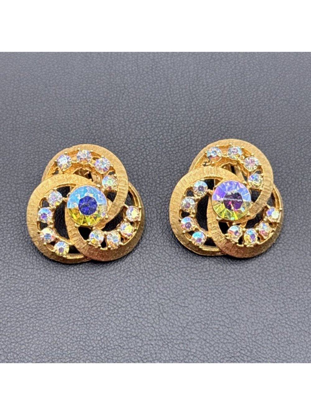 Vintage Charel Earrings Clip On AB Rhinestones Cluster Gold Tone Textured Swirl